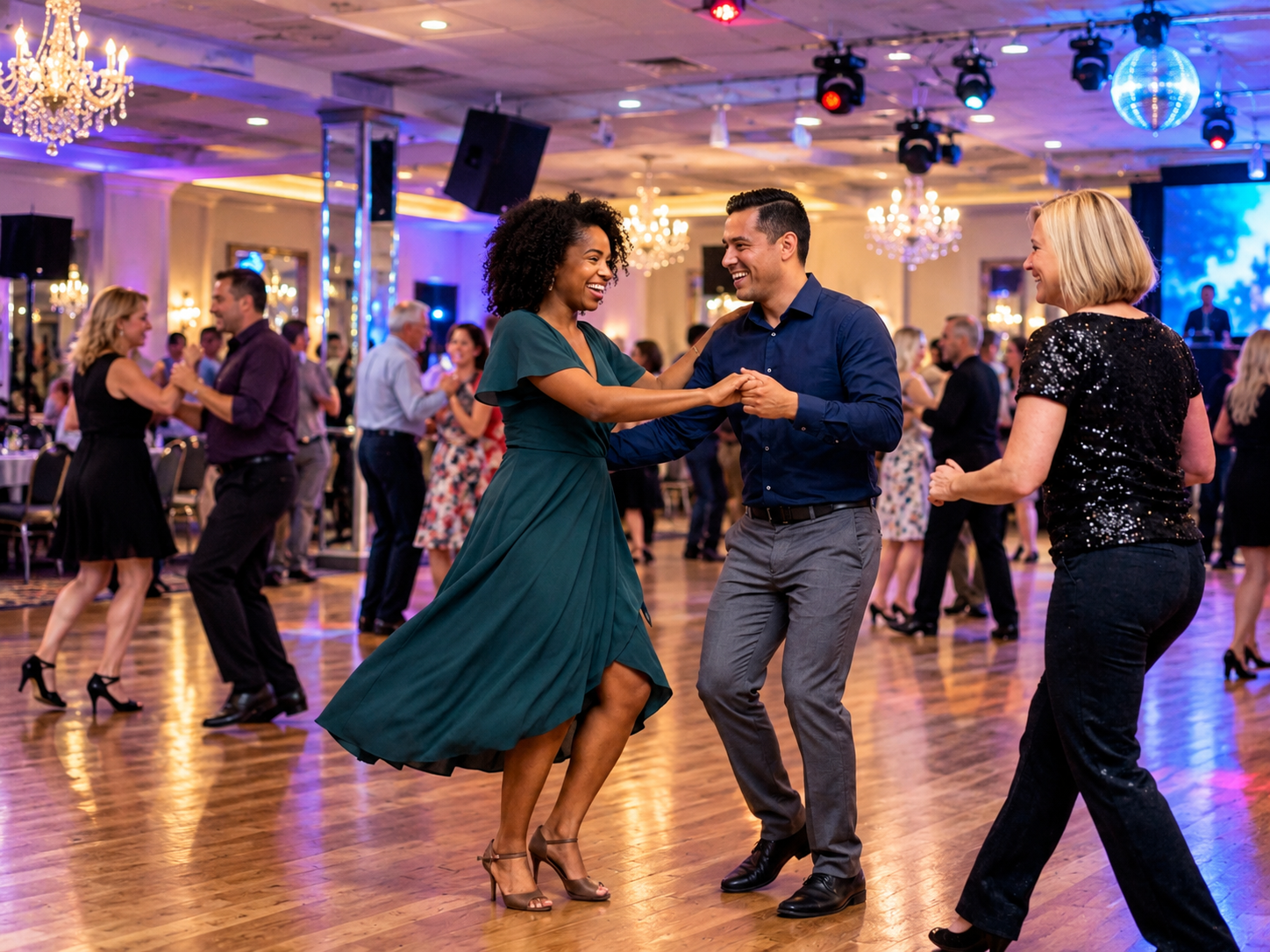 People dancing at a party or celebration in an elegant ballroom with chandeliers and a stage with a DJ or band.