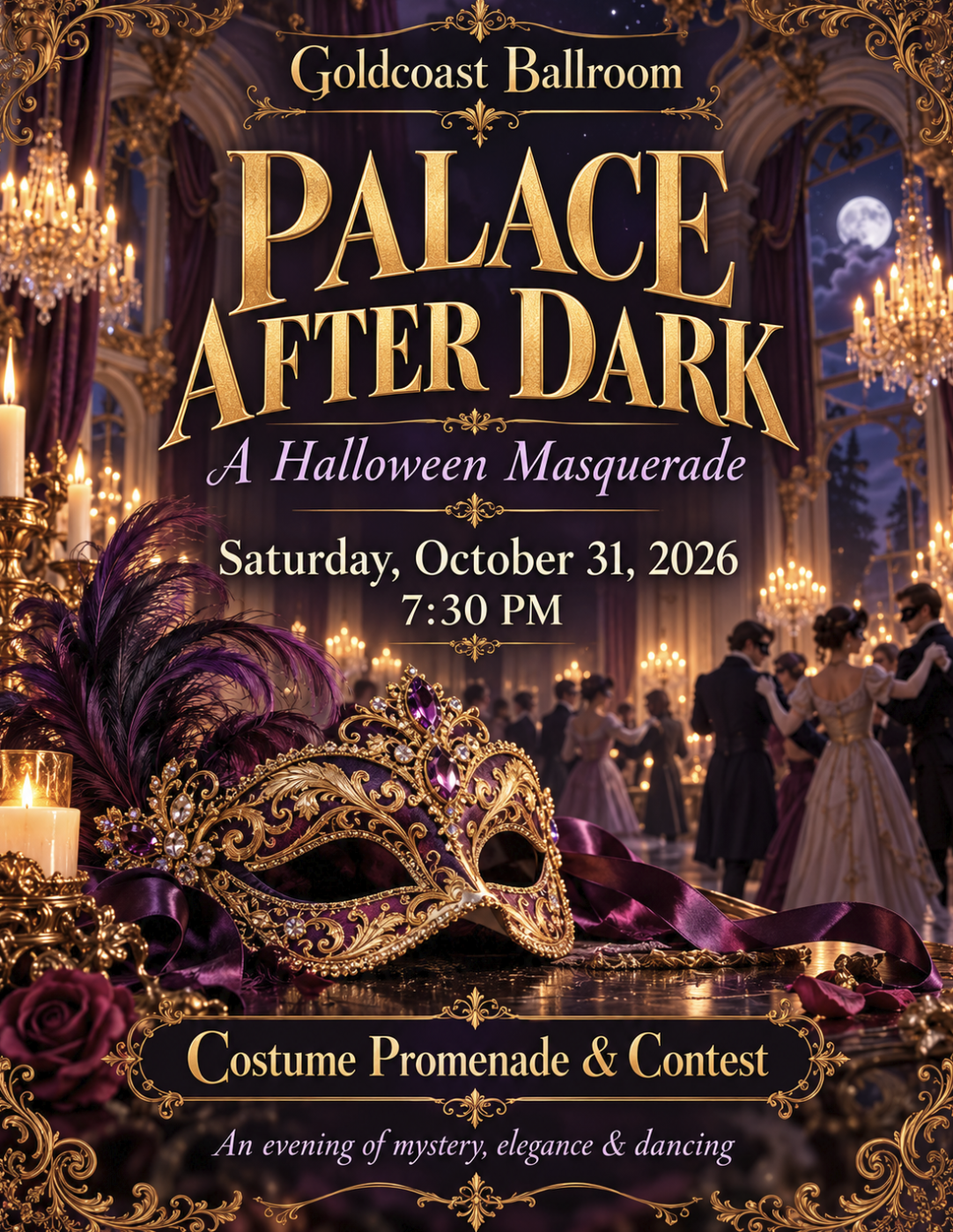 An elegant Halloween masquerade party invitation with a luxurious ballroom scene, featuring a golden mask with purple feathers, candles, roses, and a grand dance with people in vintage costumes.