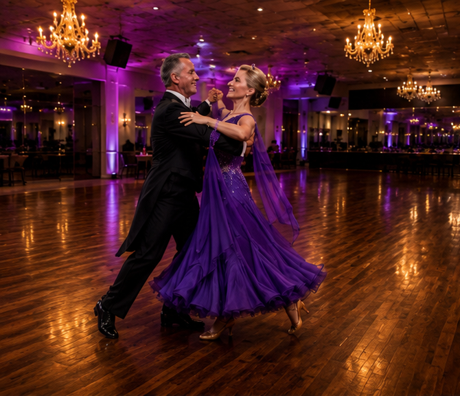 A couple dancing in a ballroom with chandeliers and purple lighting.