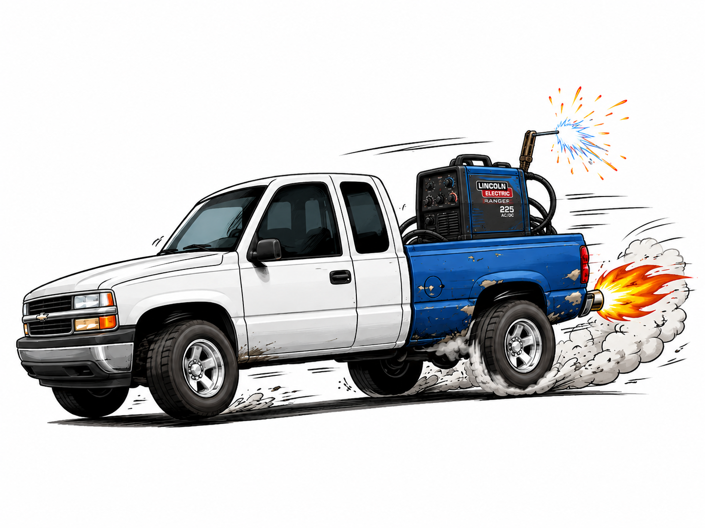 A cartoon illustration of a white pickup truck with dirt stains, equipped with a giant blue electric welder on its bed. The welder is sparking and firing flames, with smoke and dust trailing behind the truck, giving the appearance of high speed and power.