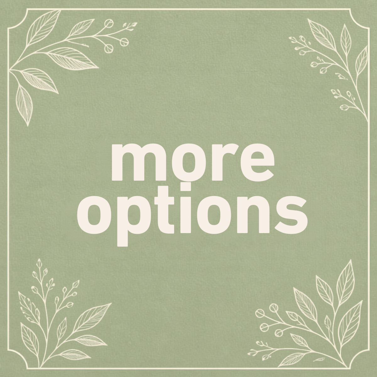 Green background with white border and leafy designs in the corners, displaying the words "more options" in large white letters.