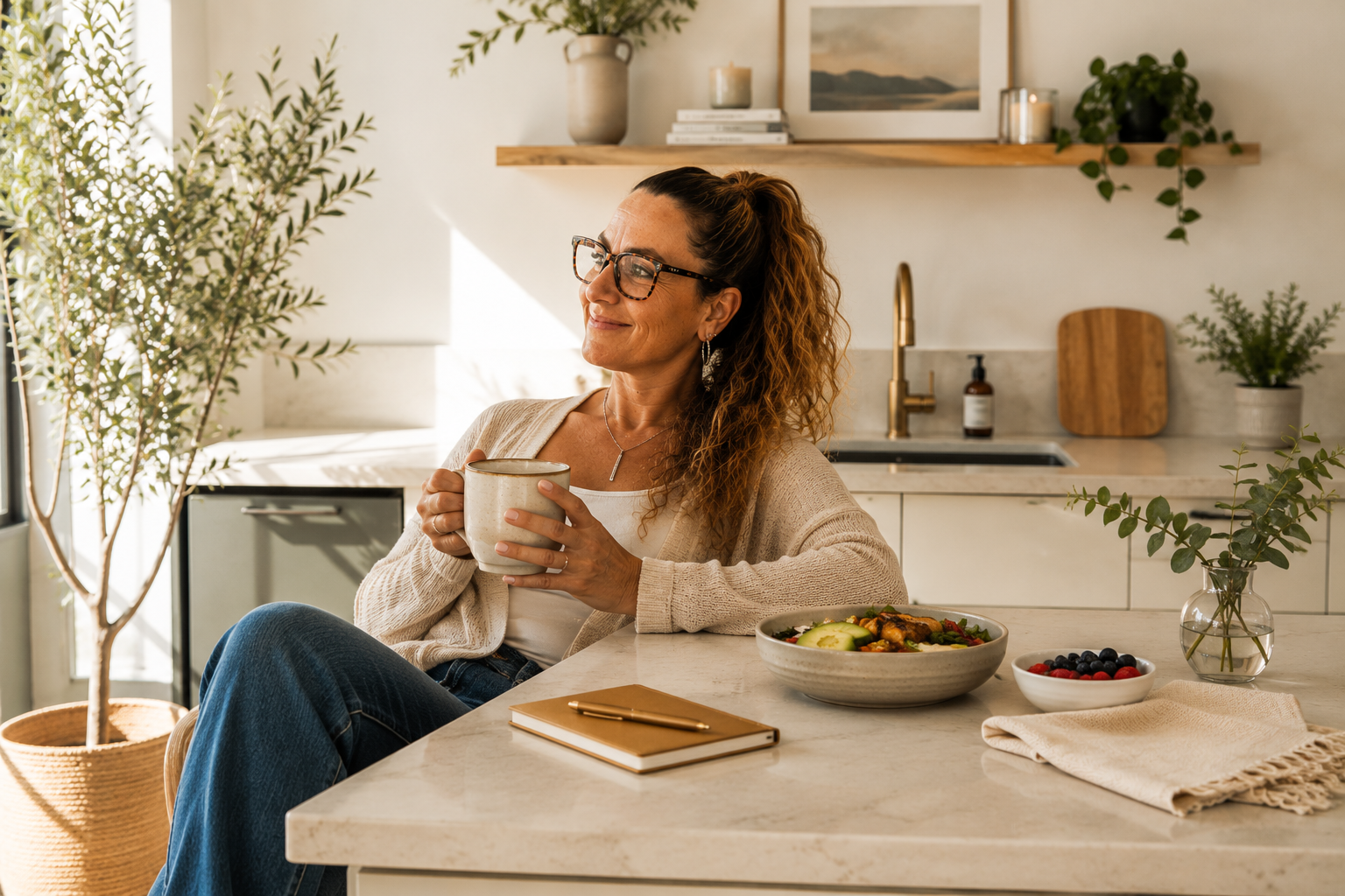 Amy C Hurt enjoying coffee in a bright, sunlit kitchen with a journal and meal nearby.