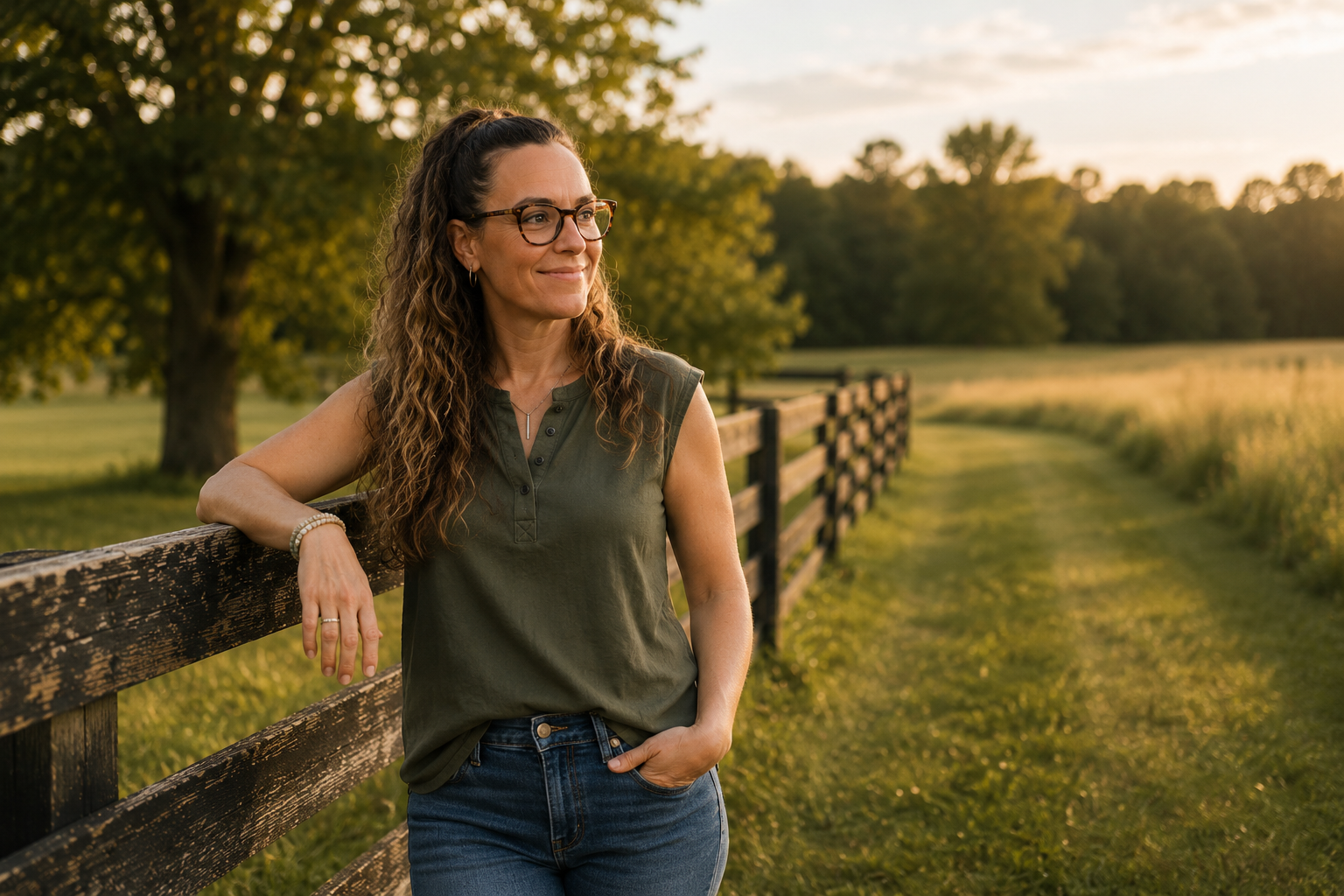 Amy C Hurt leaning against a wooden fence in a sunlit country field.
