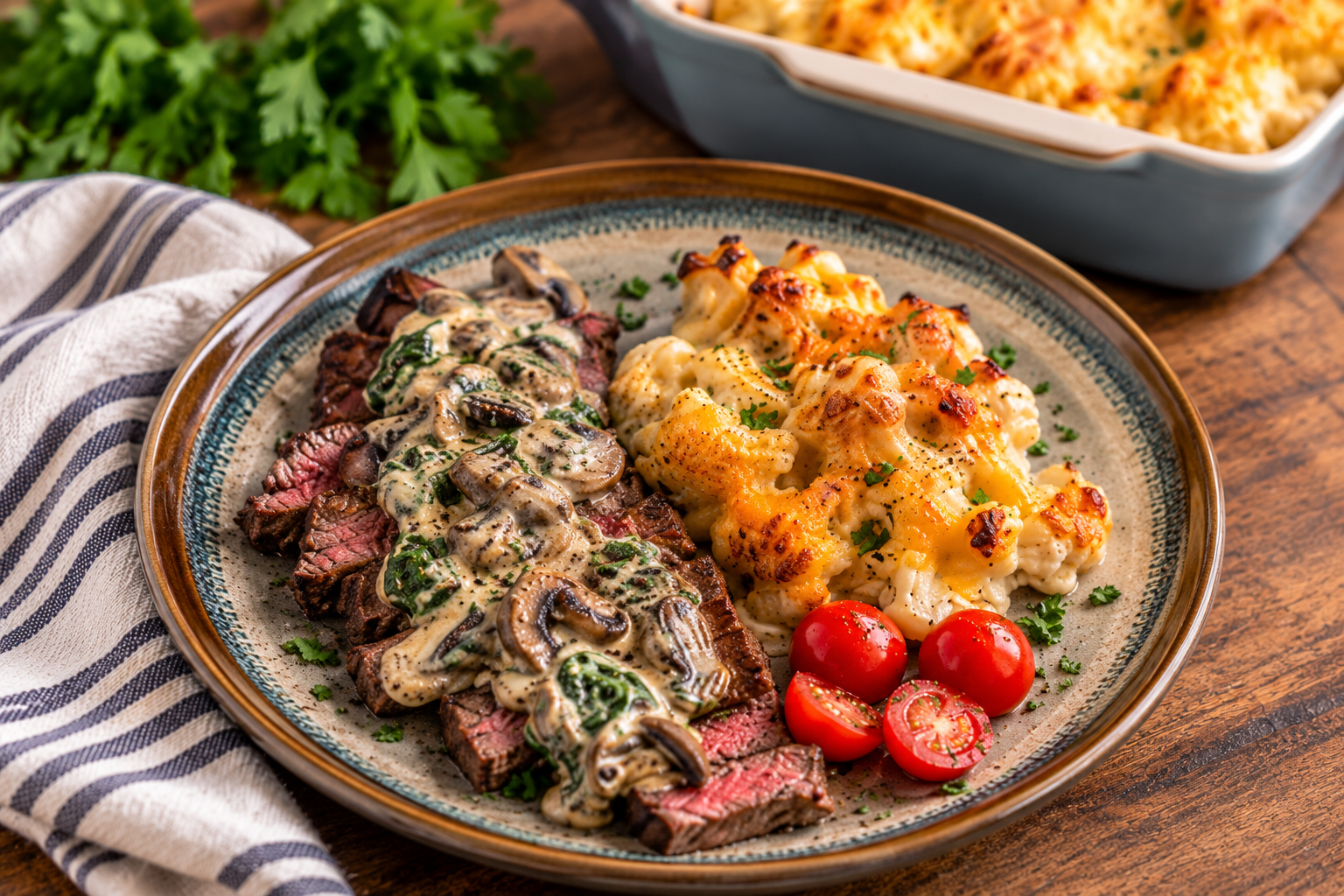 Grilled Filet with Creamy Mushroom &amp; Greens Sauce