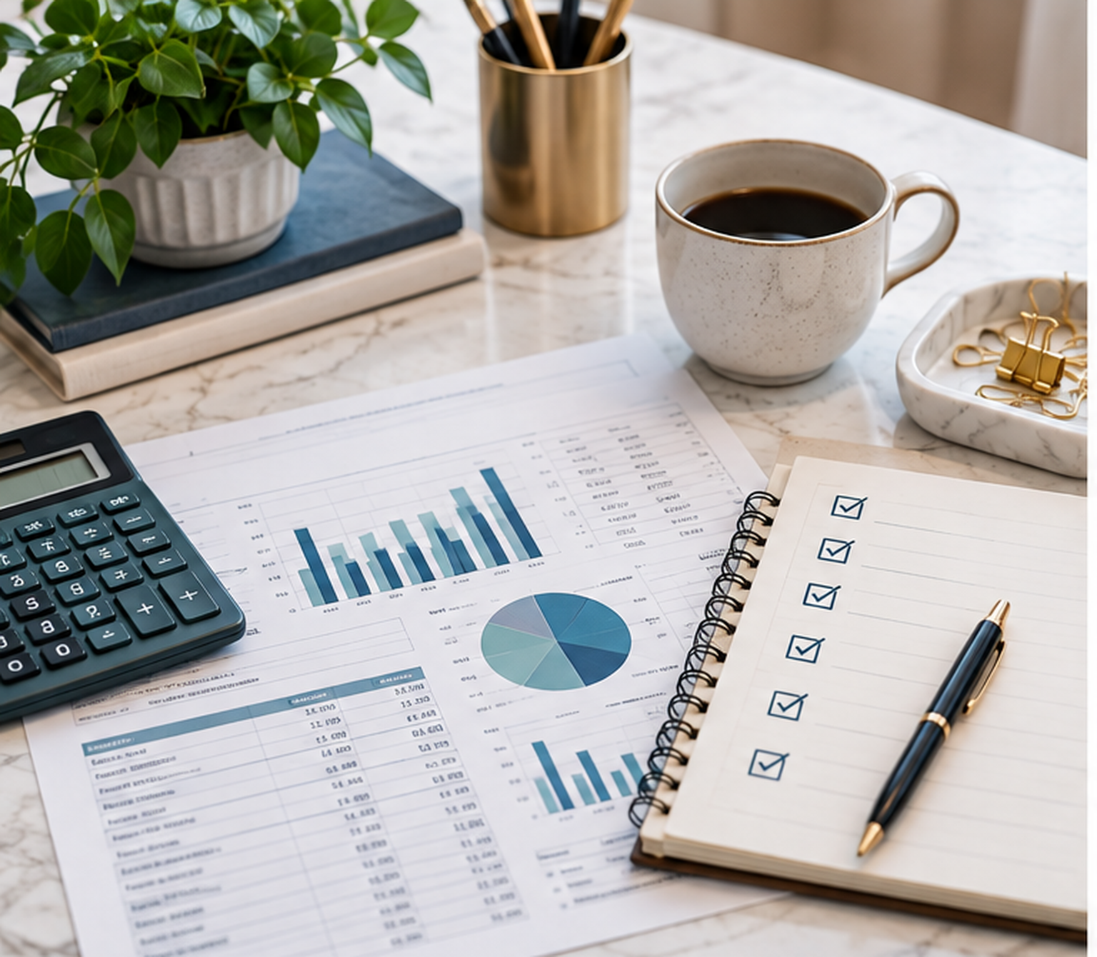 Desk workspace with financial reports, charts, calculator, checklist notebook, pen, coffee cup, plant, and office supplies
