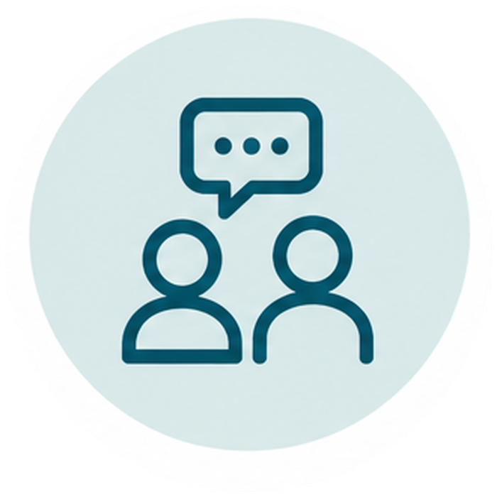 Two-person communication icon with a speech bubble containing three dots