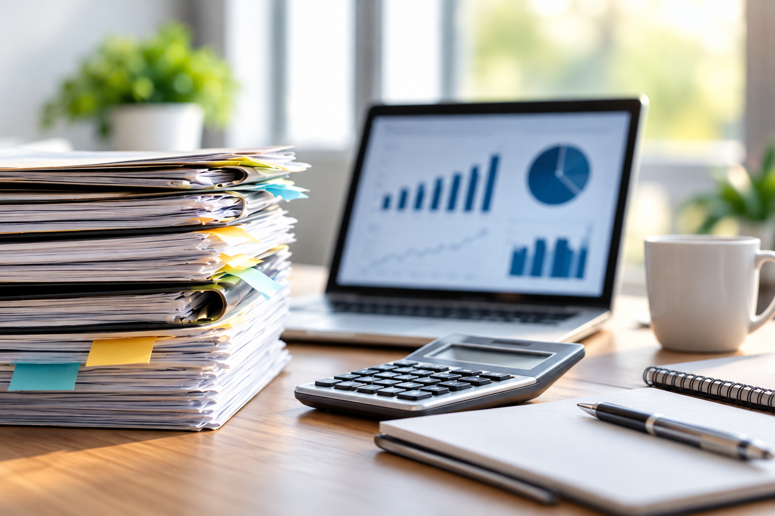 Office desk with stacked paperwork, calculator, laptop displaying financial charts, coffee mug, notebook, and pen