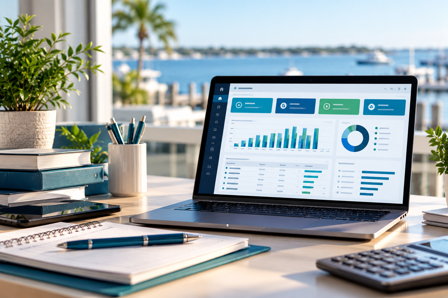 Laptop displaying business analytics dashboard with charts on a waterfront office desk