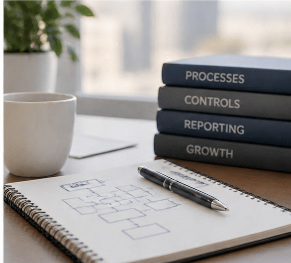 Spiral notebook with a flowchart sketch and pen beside stacked books labeled Processes, Controls, Reporting, and Growth.