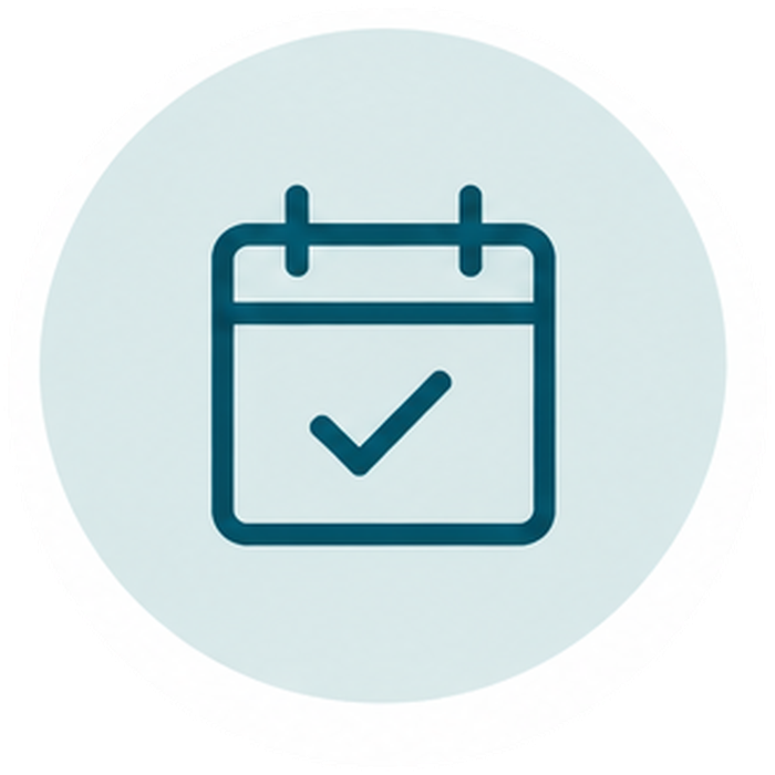 Teal calendar icon with a checkmark inside a pale blue circle