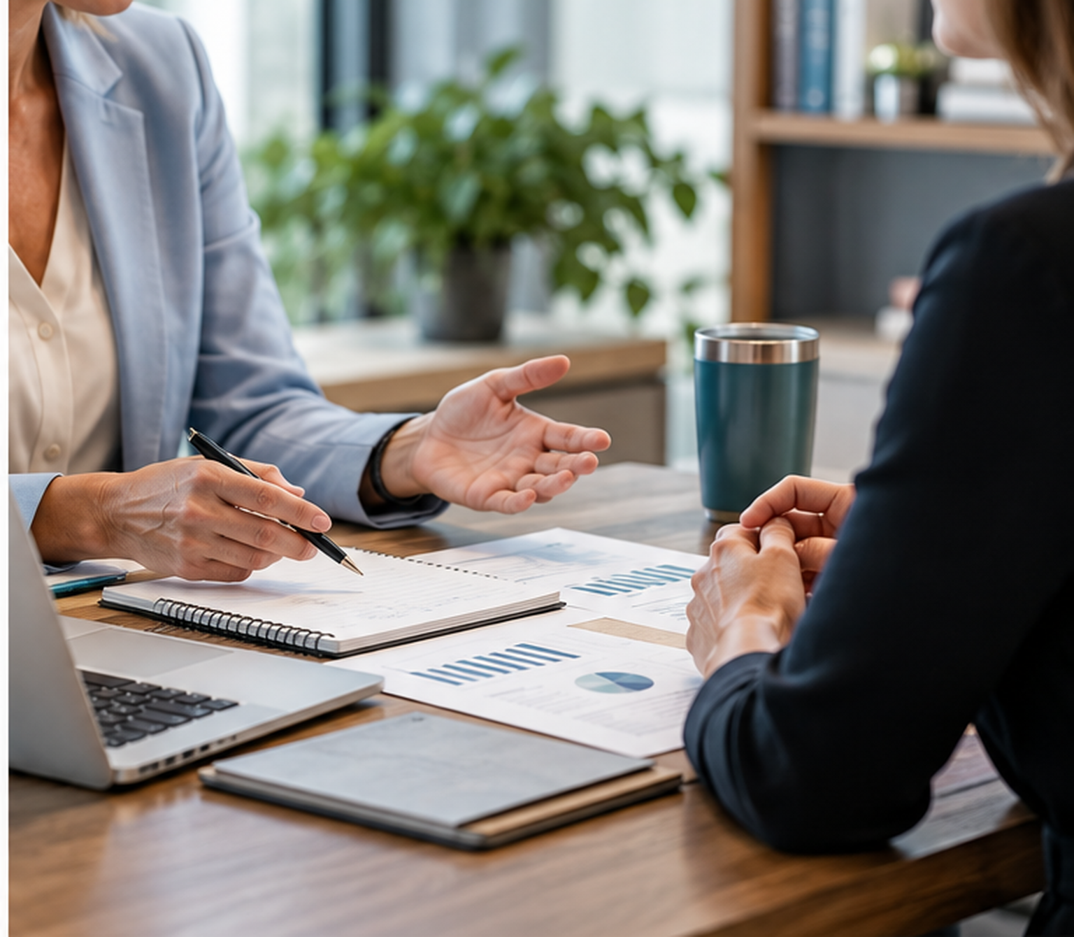 Business professionals discussing financial reports and charts at a conference table