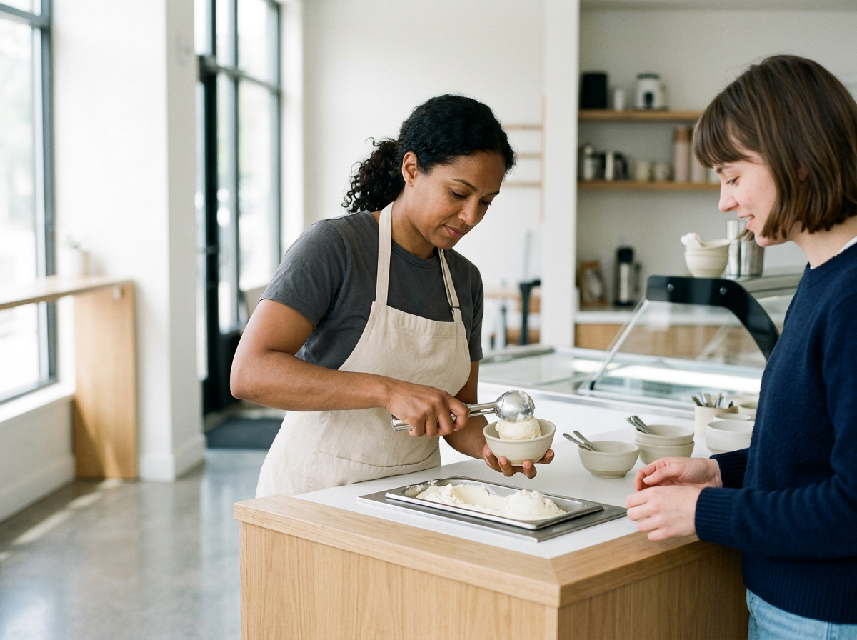 Two women prepare ice cream in a modern, bright kitchen with natural light, one scooping ice cream into a bowl, the other watching.