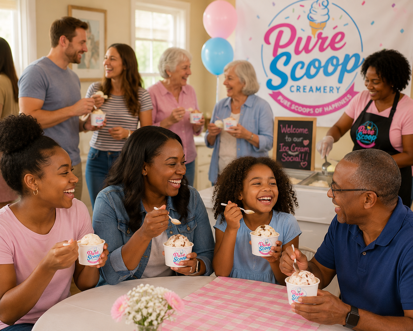 A group of people enjoying ice cream at a social event, with a banner reading 'Pure Scoop Creamery' in the background. The group includes children and adults who are smiling and laughing, holding cups of ice cream, with some standing and some sitting around a pink table with a floral centerpiece.