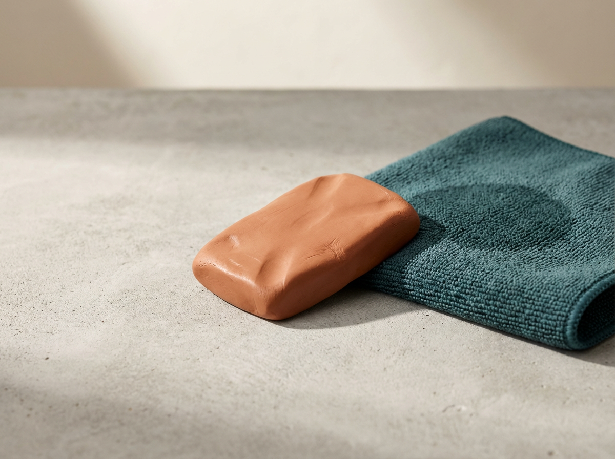 A bar of soap resting on a textured teal towel on a light-colored surface.