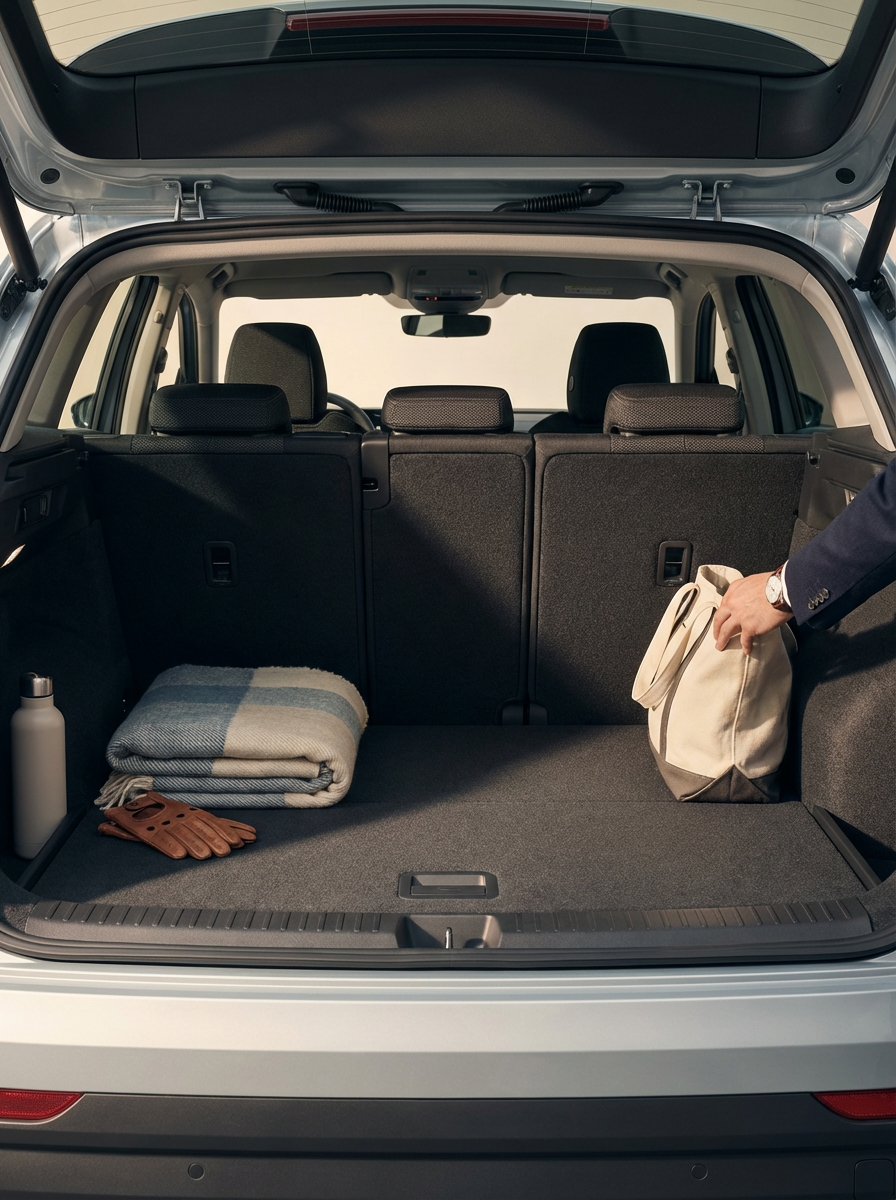 Open car trunk with packed items: a folded blanket, a water bottle, brown gloves, a beige bag in the hand of a person wearing a dark jacket and watch.