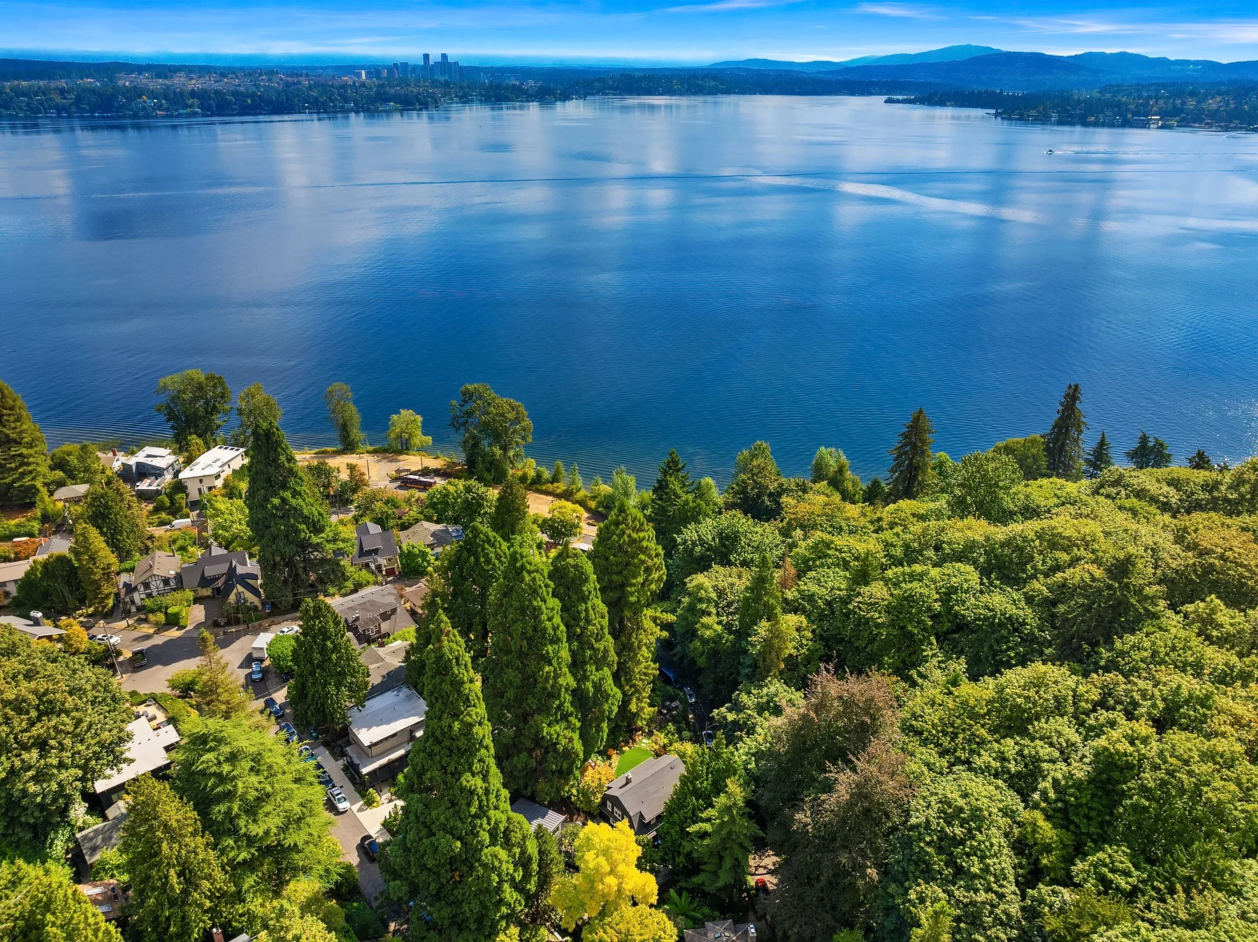 Aerial view of a suburban neighborhood next to a large blue lake, surrounded by green trees and hilly terrain, with a city skyline and mountains in the background.