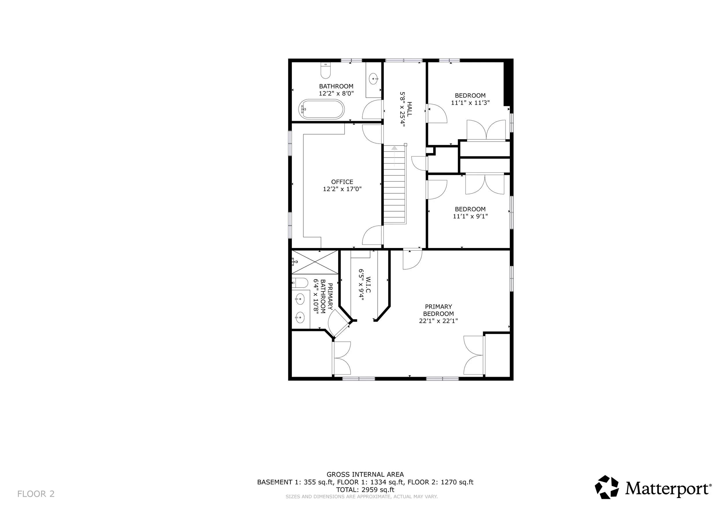 Floor plan layout of a house showing various rooms including a bathroom, bedroom, primary bedroom, office, and walk-in closet, with dimensions.
