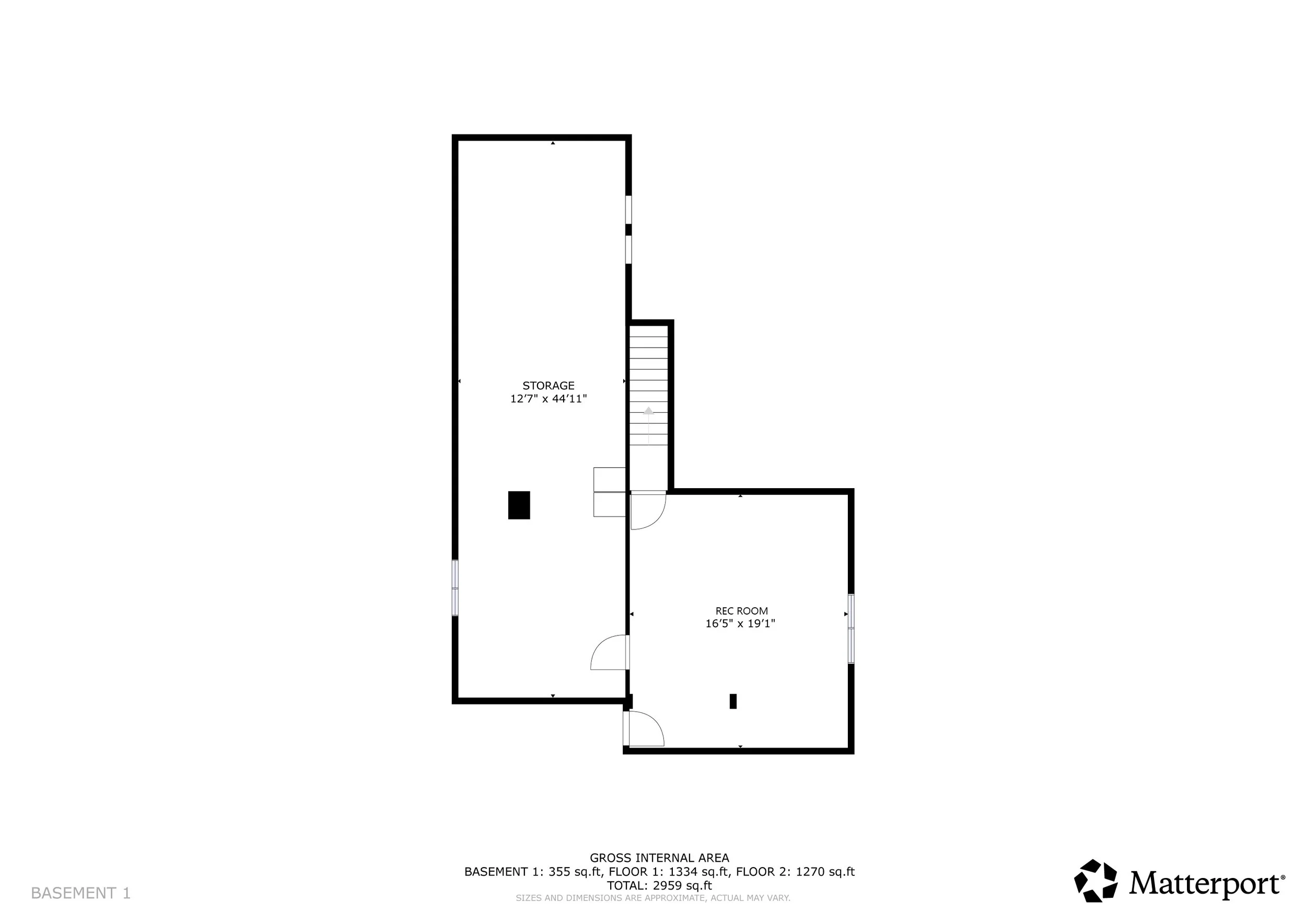Floor plan of a basement with labeled areas including storage room measuring 12 feet 7 inches by 44 feet 11 inches and a recreation room measuring 16 feet 5 inches by 19 feet 1 inch.