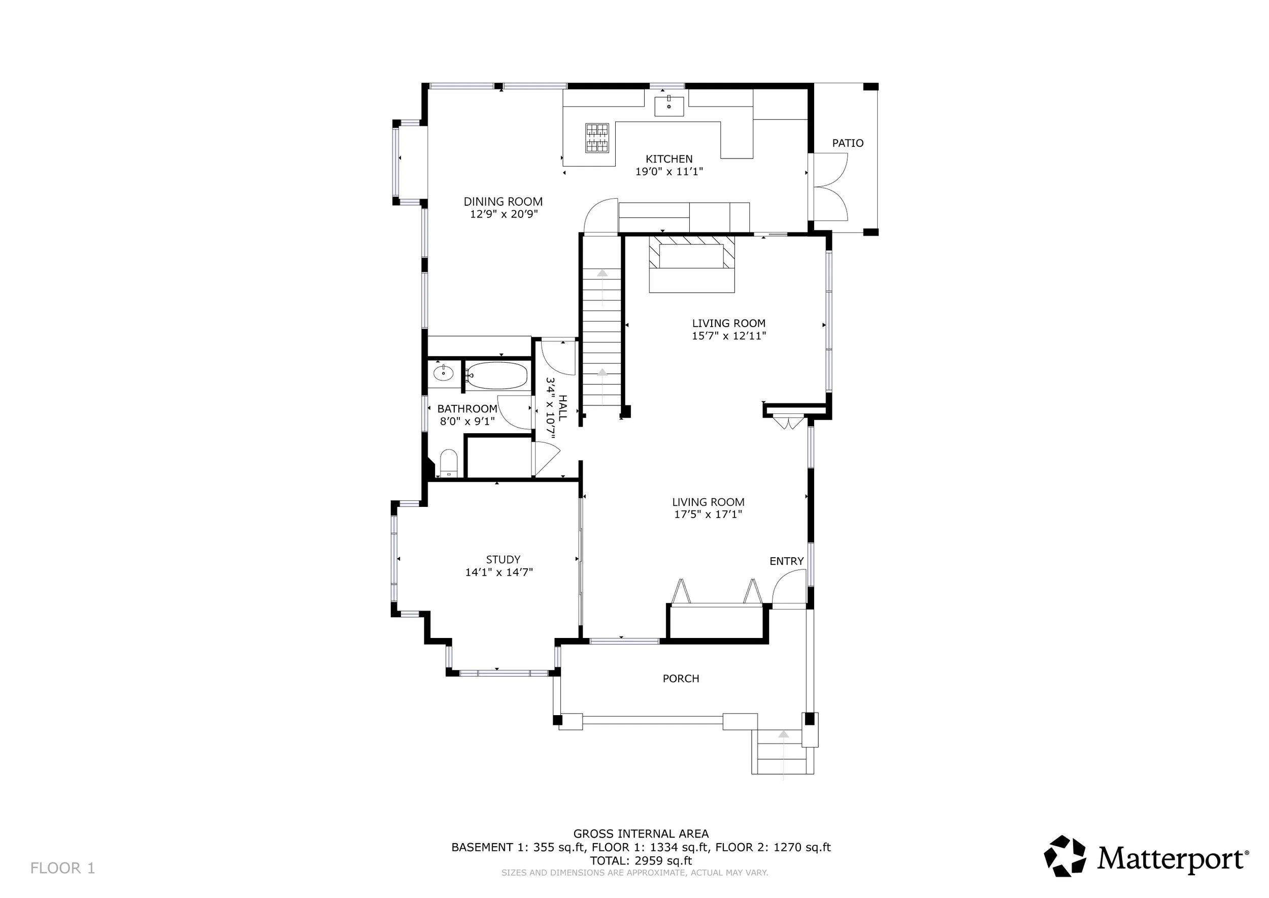 Floor plan of a house showing rooms labeled Kitchen, Dining Room, Living Room, Study, Bathroom, Hall, Entry, and Porch with measurements. Total area is 2,959 square feet.