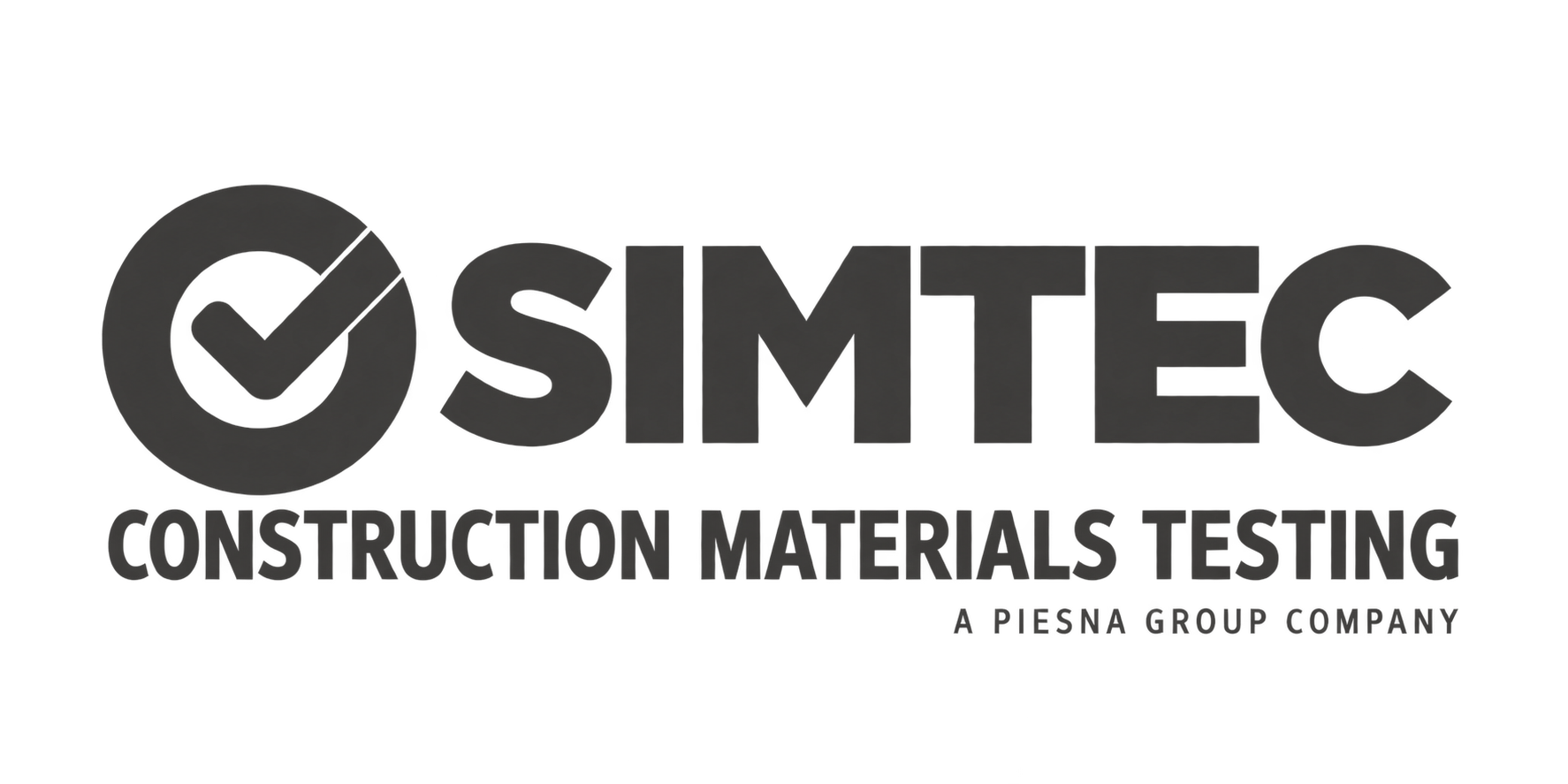 Logo for Simtec, a company in construction materials testing, with a checkmark inside a circle next to the company name, and additional text indicating it's part of Apiesna Group.