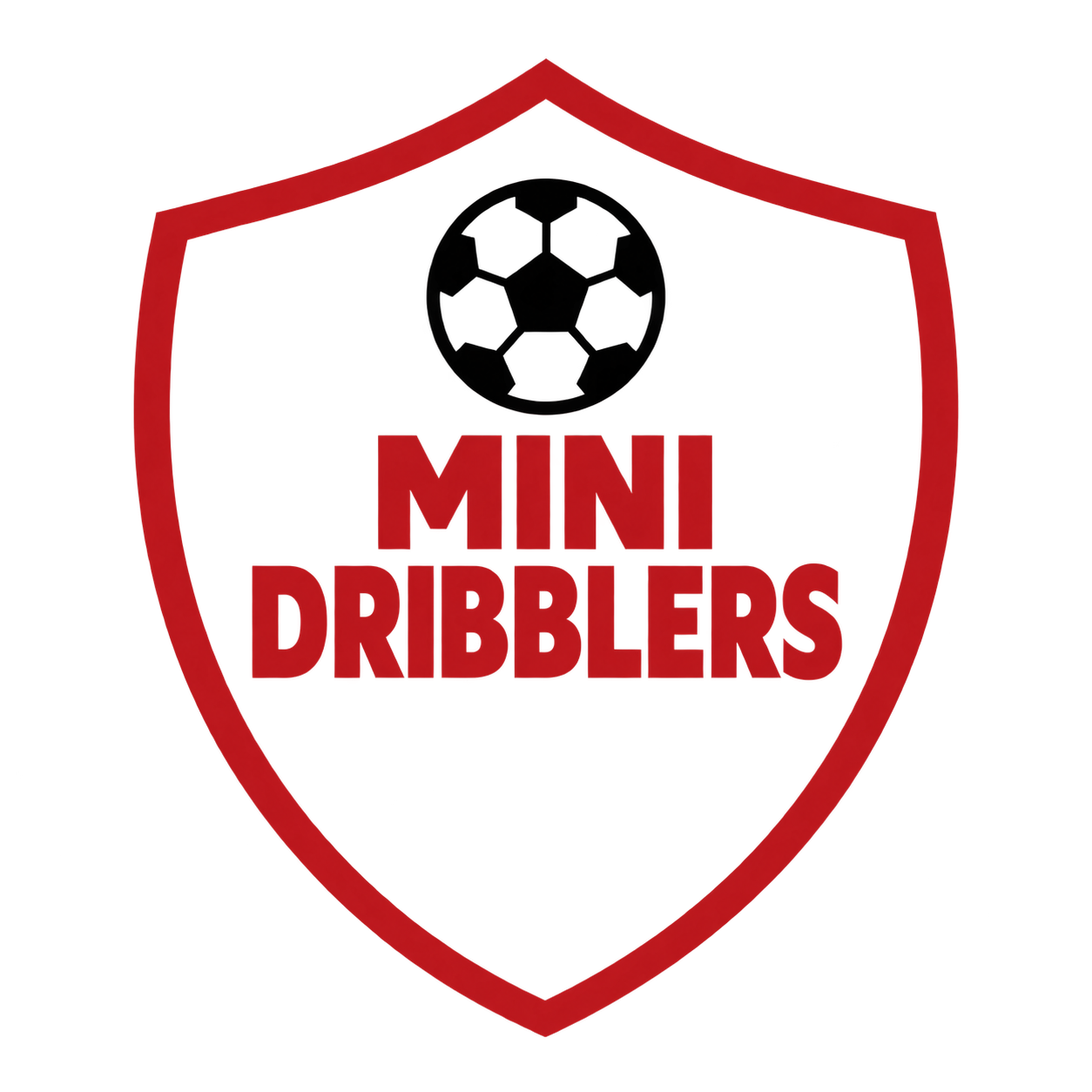 Red shield with black circle and the words "Mini Dribble" in bold red letters inside.