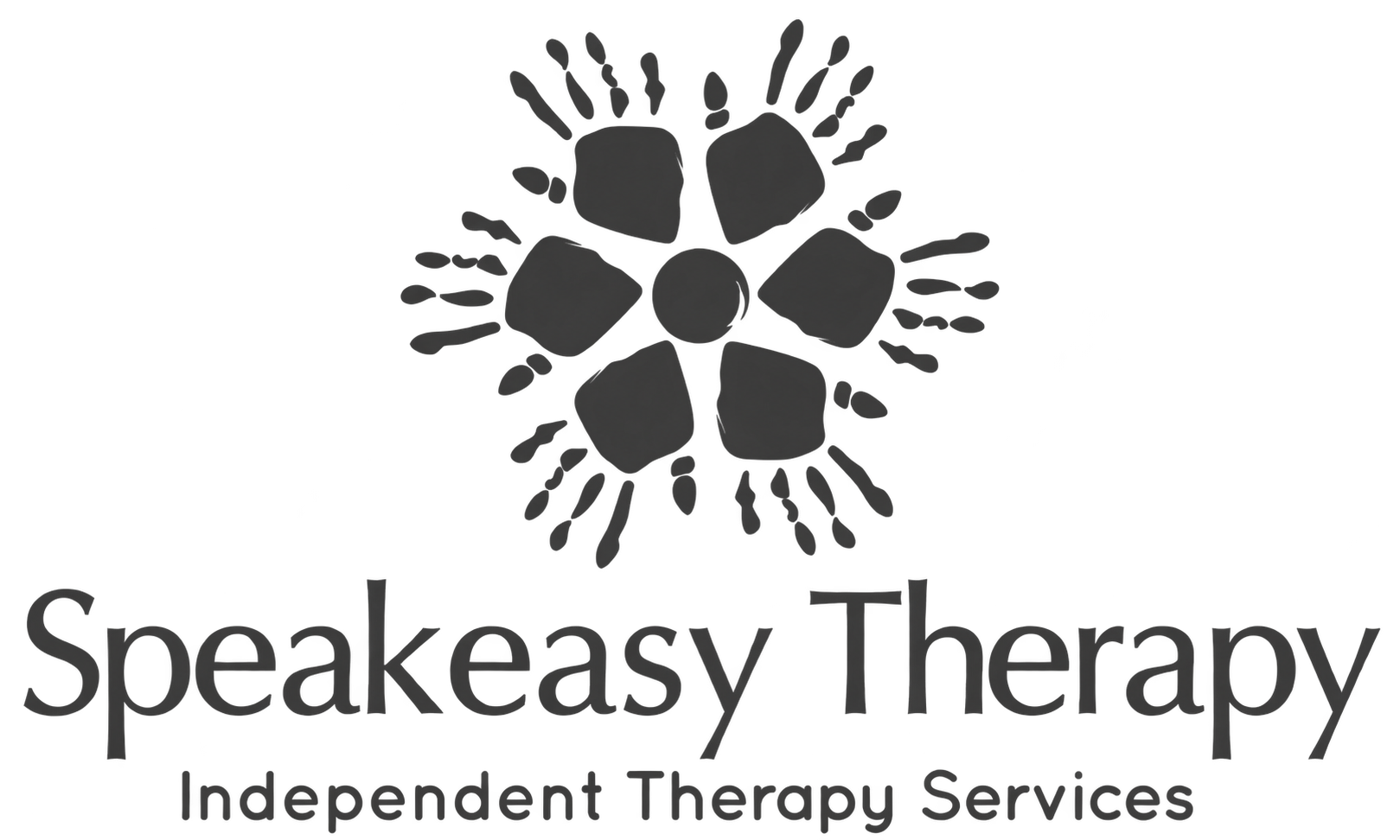 Logo for Speakeasy Therapy featuring a circular graphic with nine abstract human figures holding hands, and text reading 'Speakeasy Therapy' and 'Independent Therapy Services'.