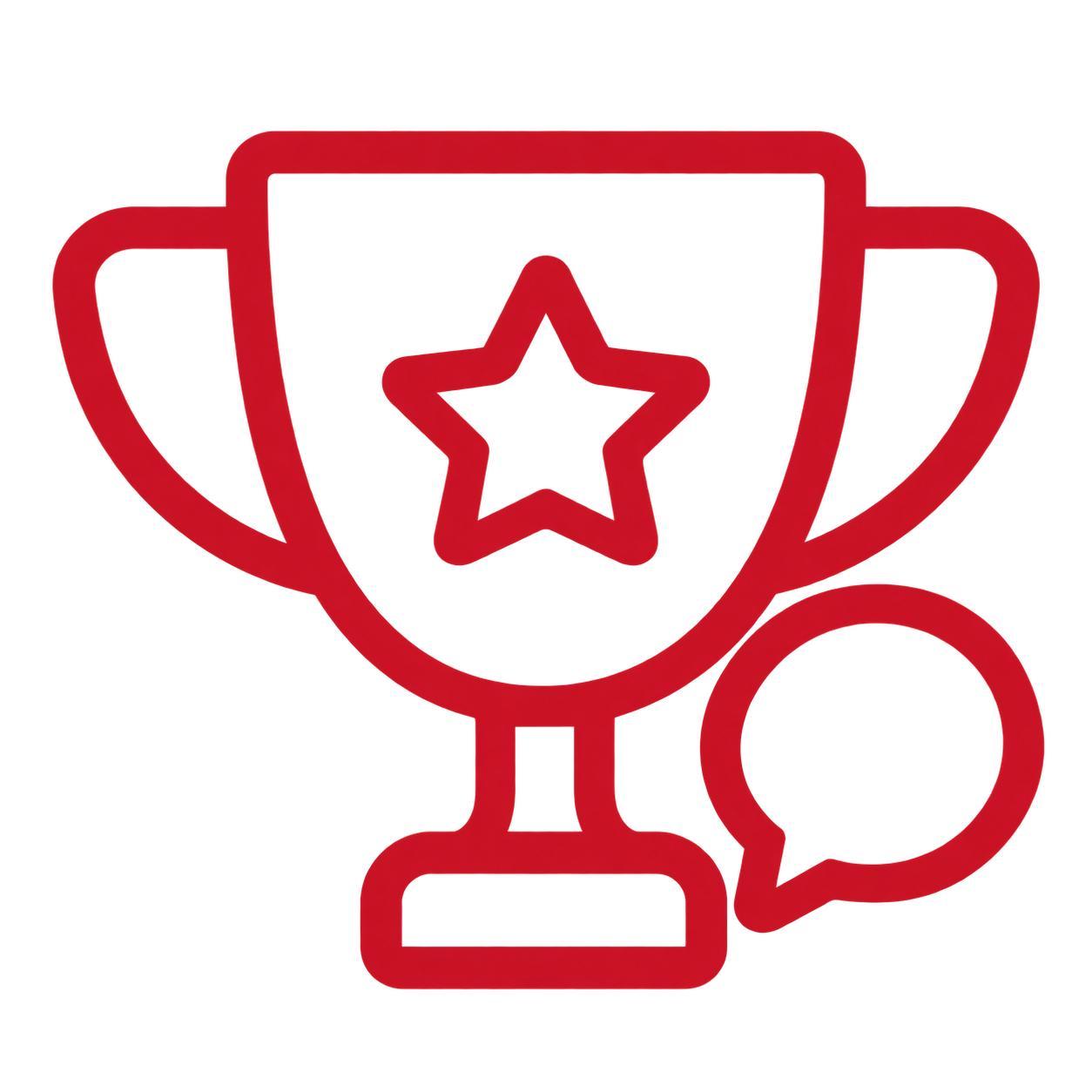 Red outlined icon of a trophy cup with a star inside it, accompanied by a speech bubble.