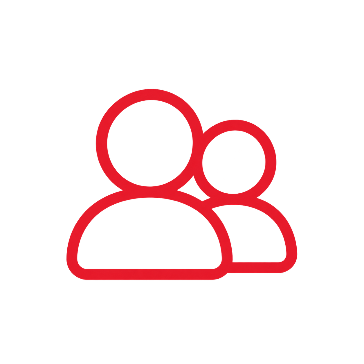 Red outline icon depicting a group of three people, with a large figure in the foreground and two smaller figures in the background.