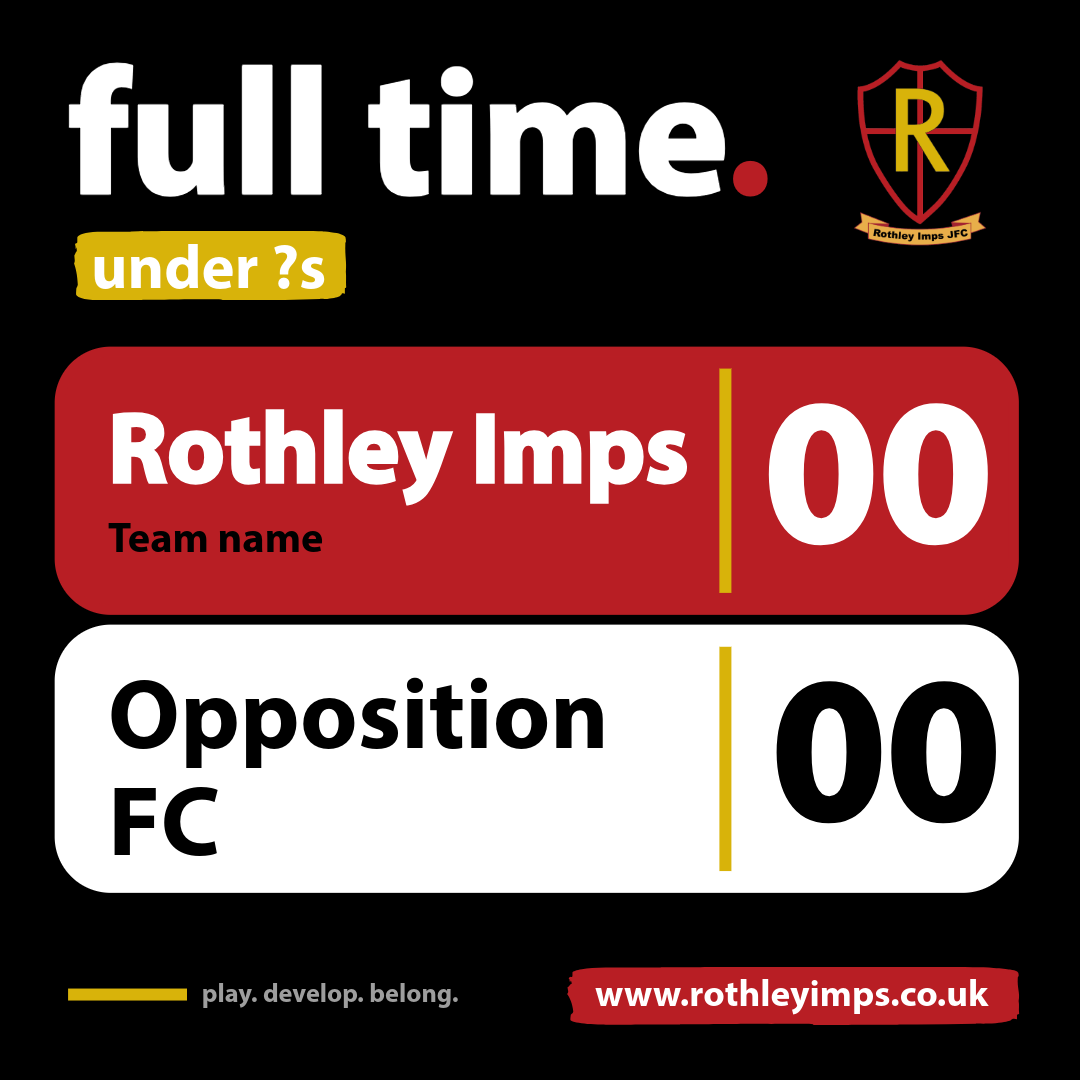 Soccer scoreboard showing Rothley Imps versus Opposition FC with scores at 00-00, featuring team logos and website www.rothleyimps.co.uk.