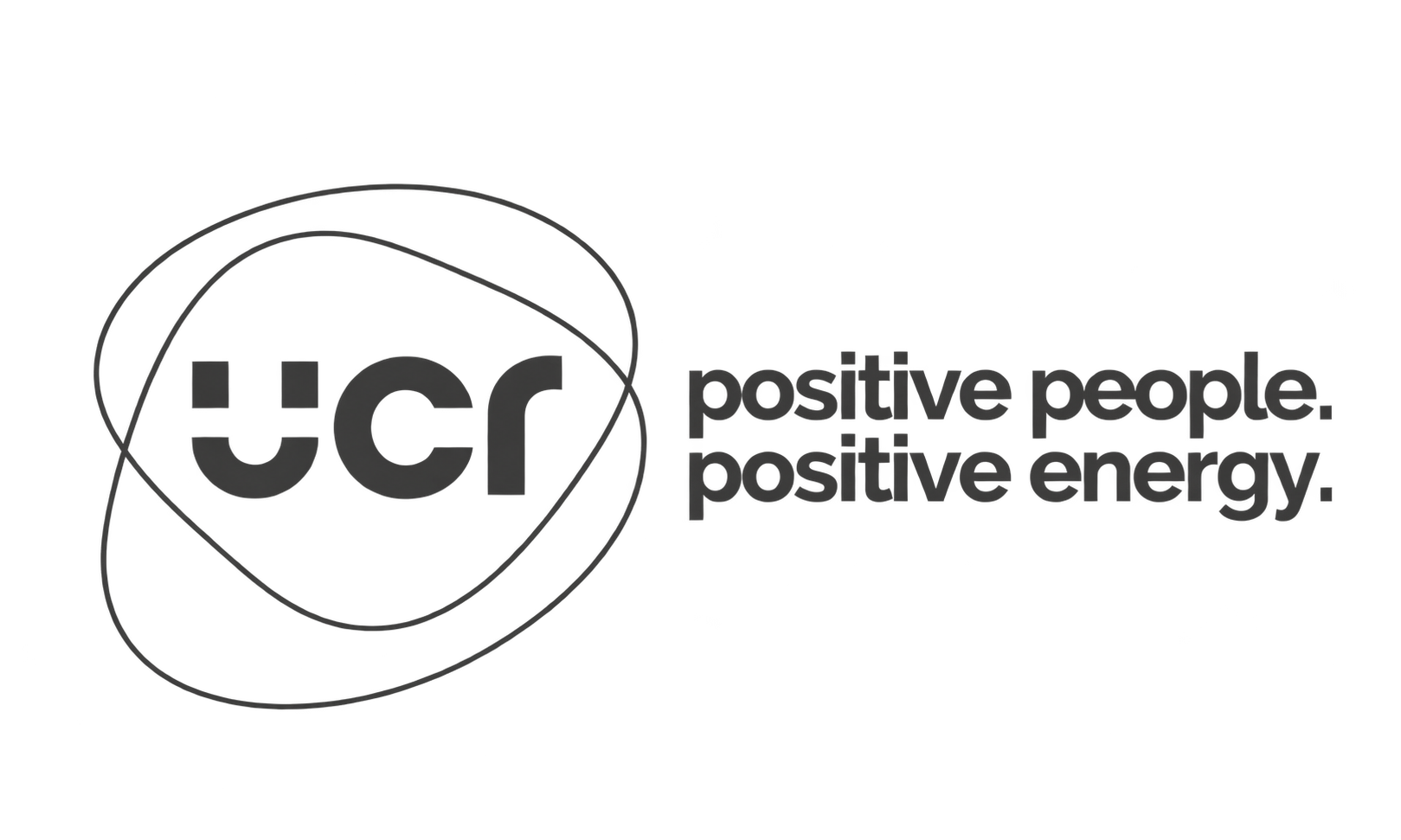 Logo with the letters 'UCR' inside an atomic orbit design, followed by the phrase 'positive people. positive energy.' in bold text.