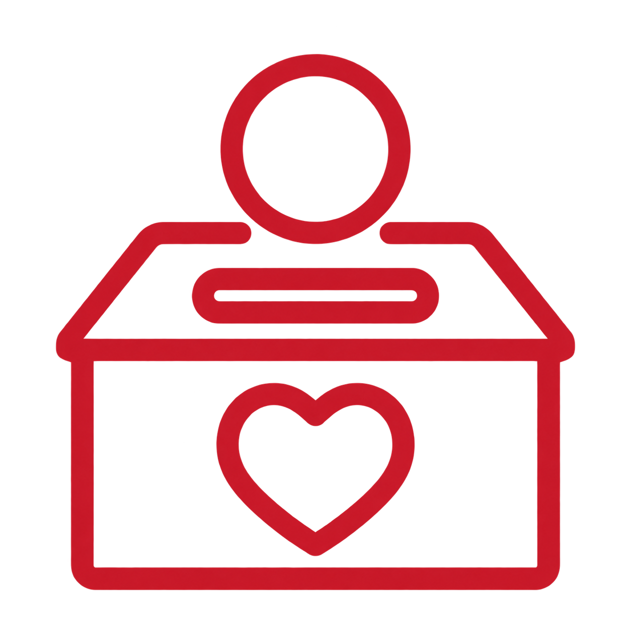 Red outline of a person behind a box with a heart on it, representing a donation or charity