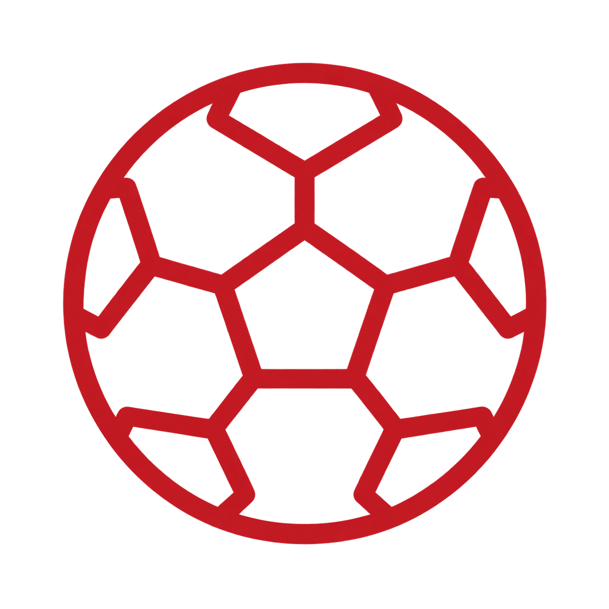 Red stylized outline of a soccer ball on a black background.
