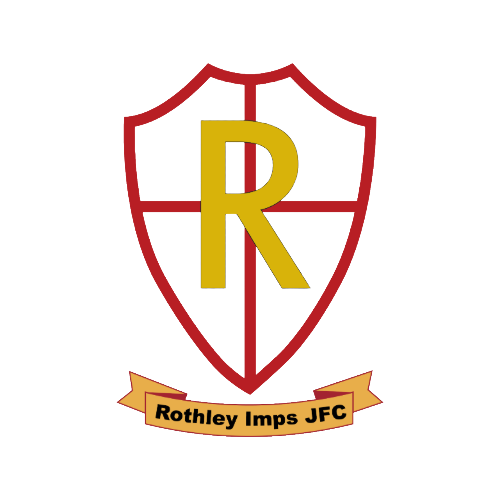 A shield logo with a large gold letter R at the center, outlined in red with a grid pattern, and a banner beneath reading "Rothley Imps JFC".