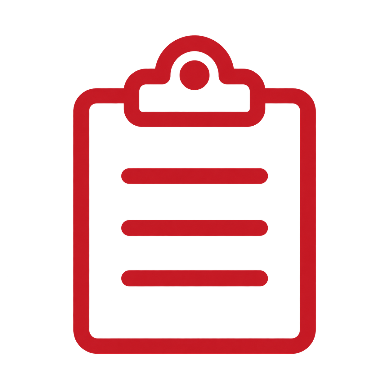 Red icon of a clipboard with lines representing text on a black background.