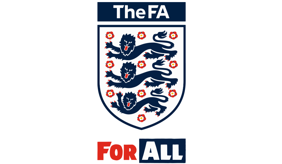 The logo of the Football Association (The FA) featuring a shield with three lions and ten red and white flowers, with the text 'The FA' above and 'FOR ALL' below.