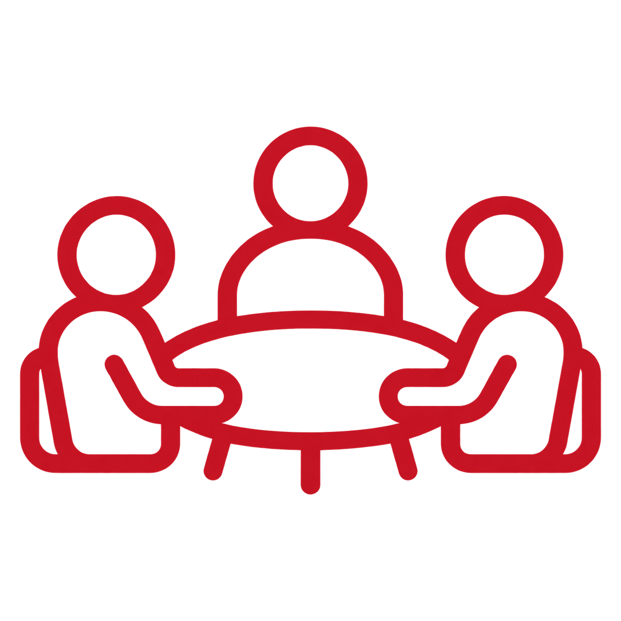 Red outline icon of three people sitting around a table, representing a meeting or discussion.