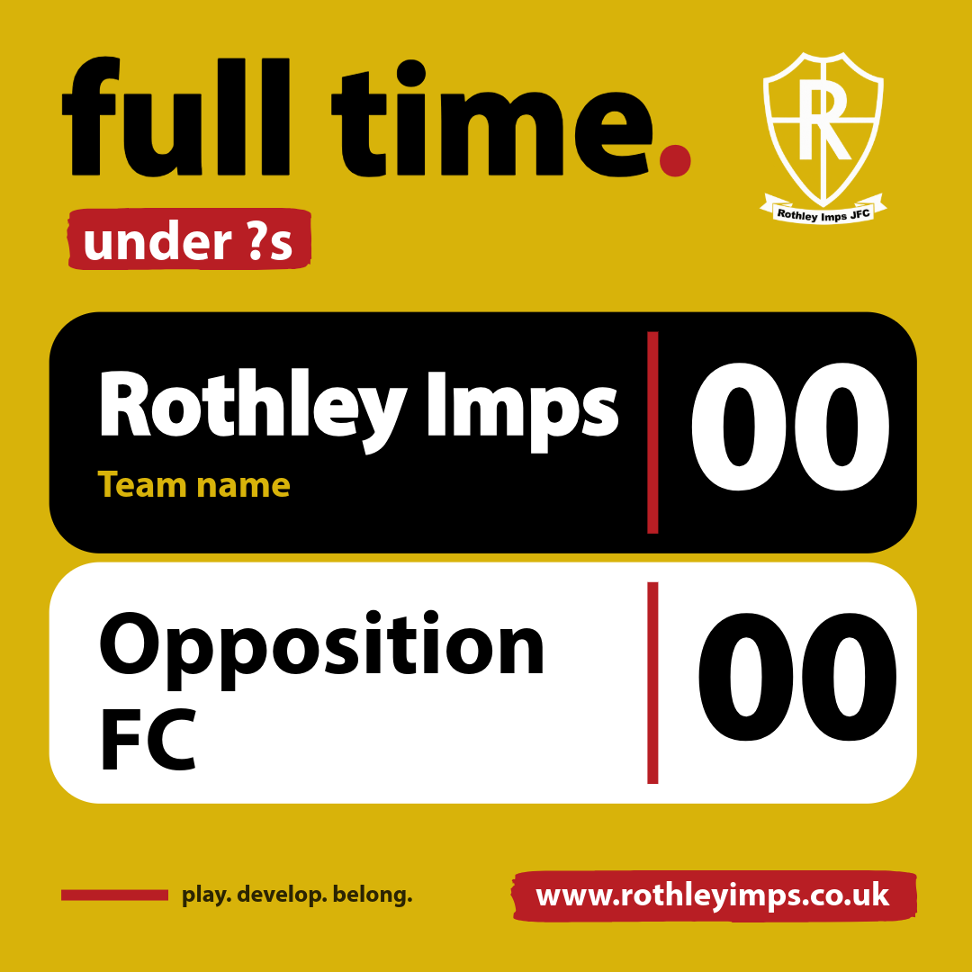 A graphic scoreboard design for Rothley Imps football team with mustard yellow background, black and white score panels, large bold text, and a small team shield logo at the top right corner.