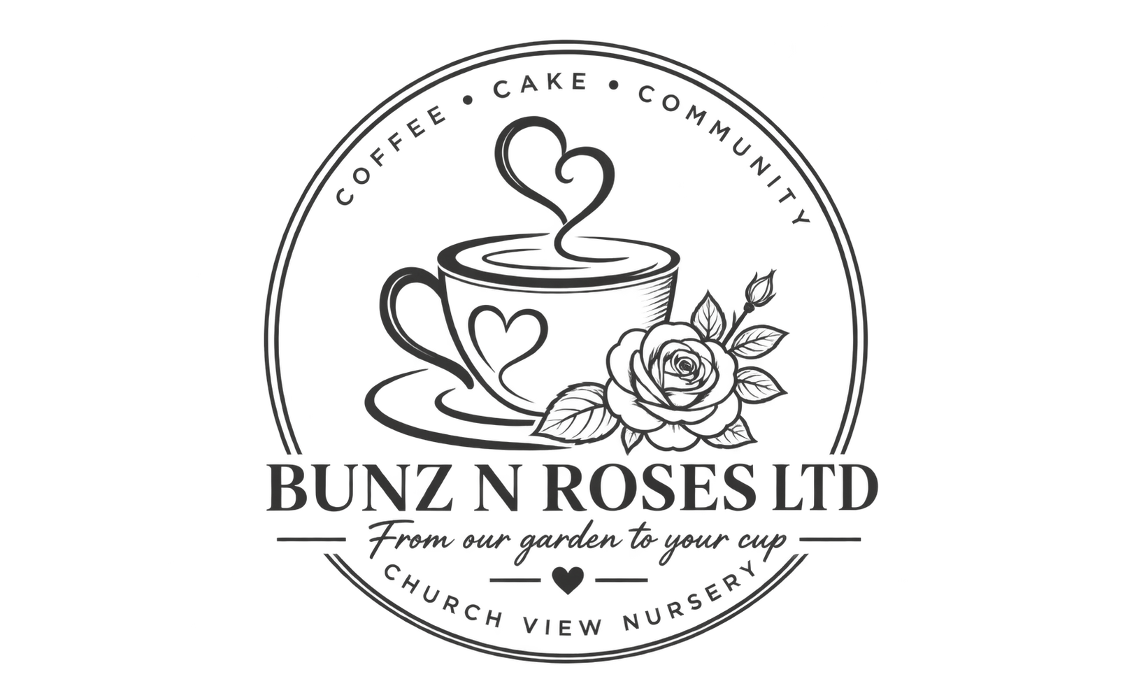 A circular logo featuring a coffee cup with steam, decorated with hearts and a rose, surrounded by text that reads "Coffee, Cake, Community" at the top and "Church View Nursery" at the bottom. The center text says "Bunz N Roses Ltd" with a tagline "From our garden to your cup".