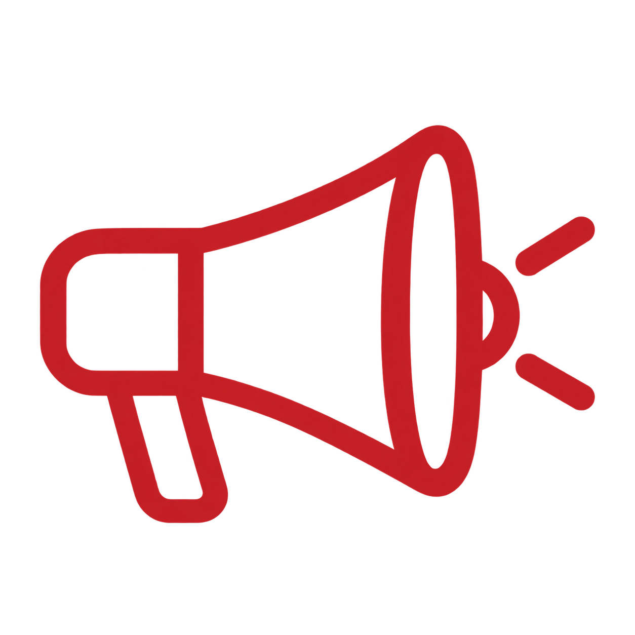 Red outline icon of a loudspeaker or megaphone.