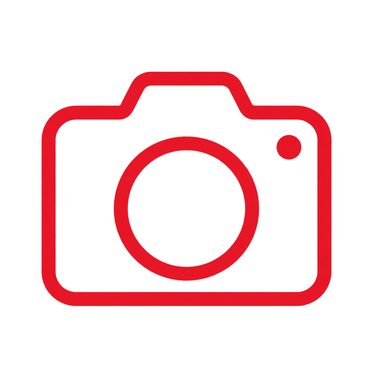 Red icon of a camera with a rounded rectangular body and a circular lens in the center.