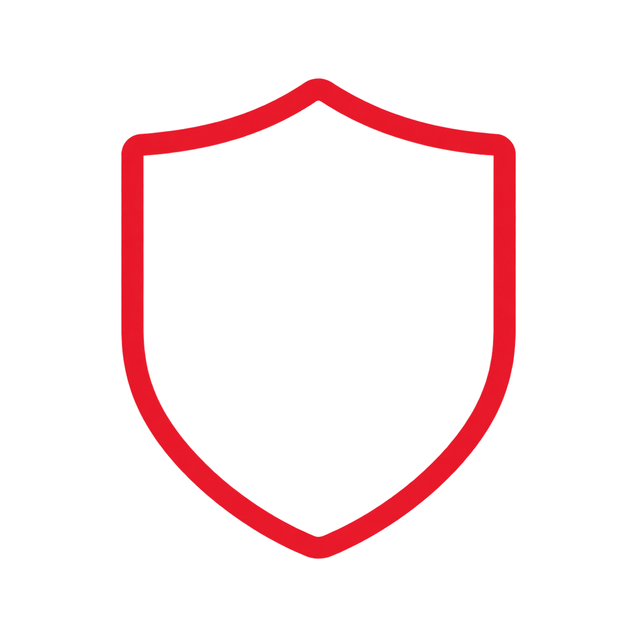 Red outlined shield icon on a black background.