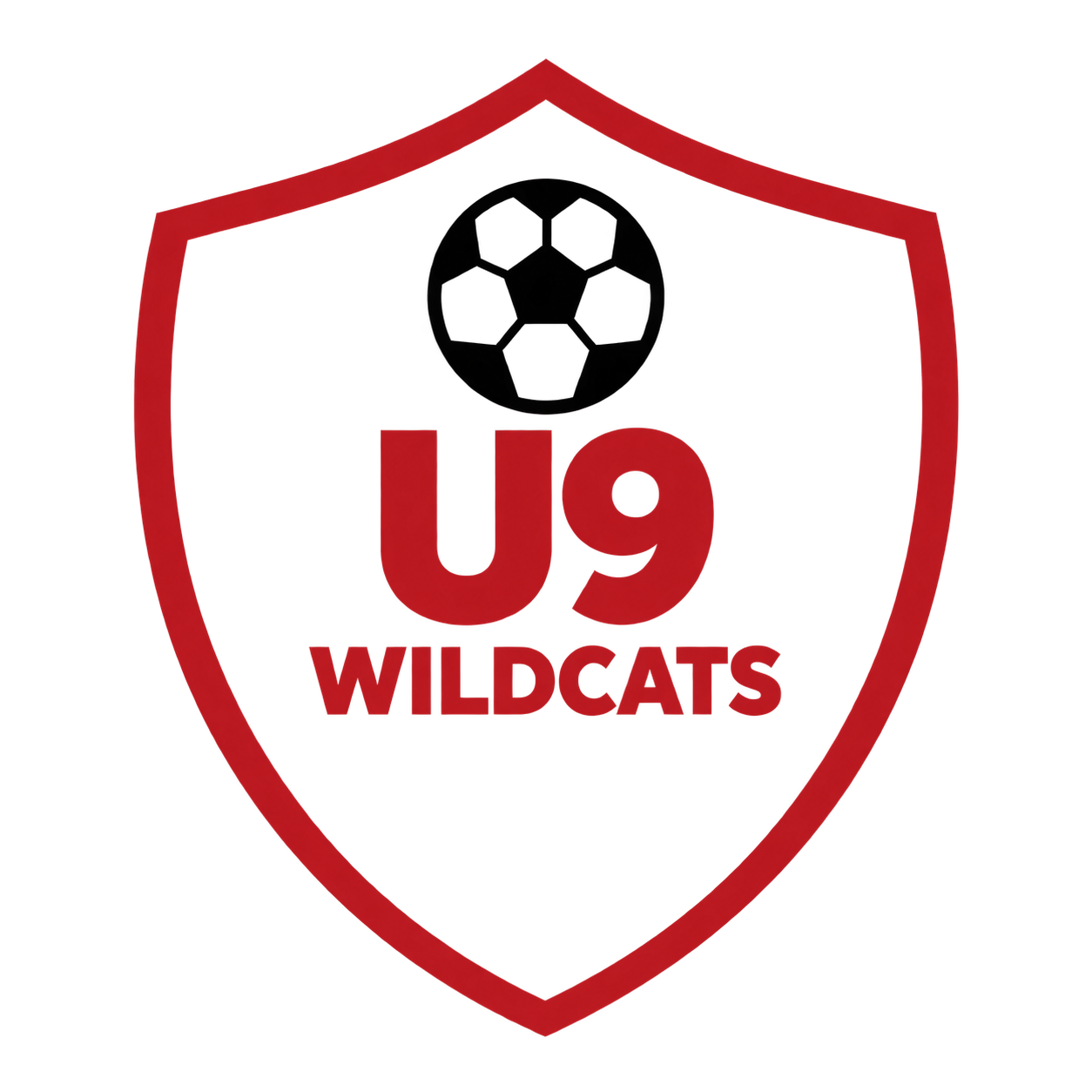 U9 Wildcats logo featuring a red shield with a black circle at the top and the text 'U9 Wildcats' in the center.
