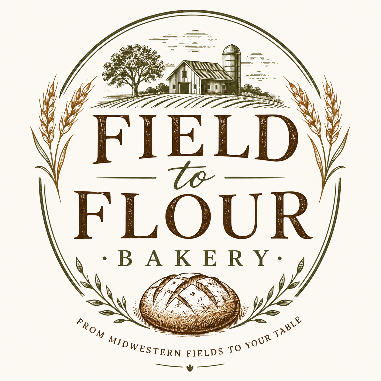 Logo for Field to Flour Bakery featuring an illustration of a farm with a barn, silo, and a large tree, surrounded by wheat stalks; includes a loaf of bread and the text 'Field to Flour Bakery' with the tagline 'From Midwestern fields to your table.'