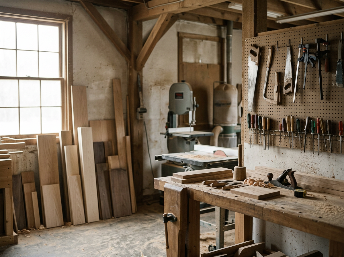 Woodworking shop with various pieces of wood, tools, and equipment including a bandsaw and a pegboard with hand tools hanging on it.