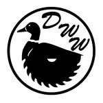 A black duck made from an axe with the letters 'DWW' in cursive above it, enclosed in a circle