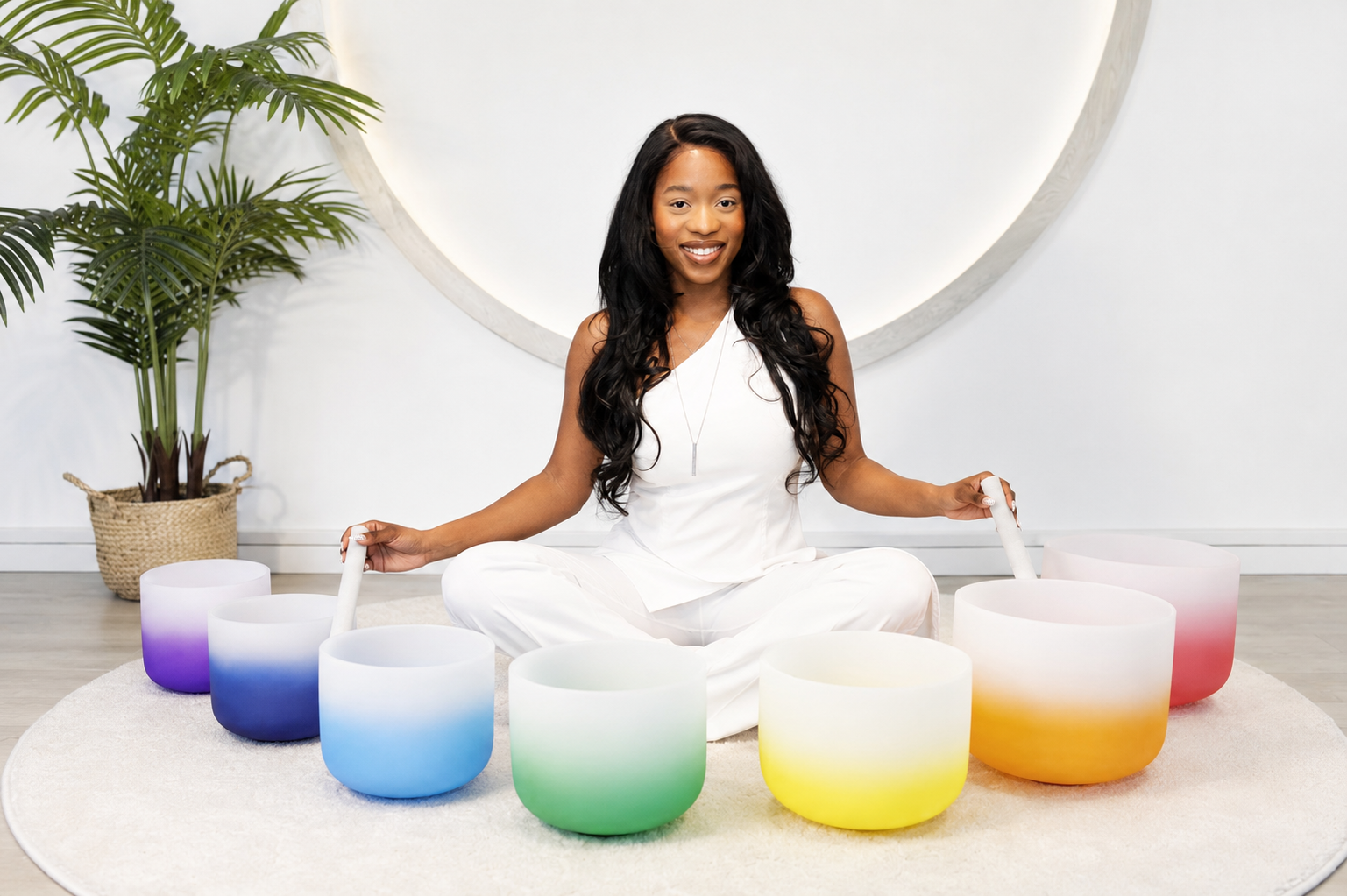 A woman in white clothing sits on a cream-colored rug, smiling, surrounded by rainbow-colored singing bowls, with a large potted plant and circular wall decoration in the background.