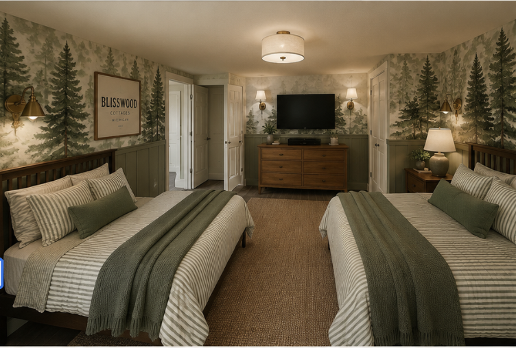 Design rendering of the Blisswood Room with two queen beds, green-striped bedding and woodland-inspired details.