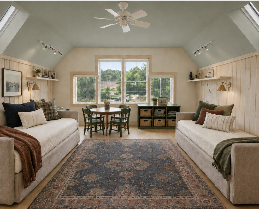 Design rendering of The Lodge with two upholstered twin daybeds, trundles, a children’s activity table and game storage.