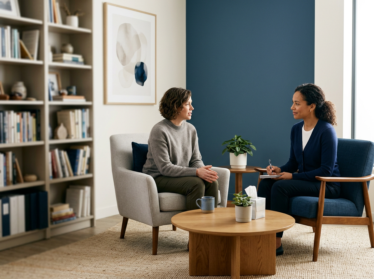 A woman in a gray sweater and dark pants sits in an armchair facing a woman in a blue blazer and white shirt, who is sitting in a blue armchair with a notepad and pen. They are in a therapy office with a wooden coffee table, a bookshelf filled with books and decorative items, and abstract artwork on the wall.