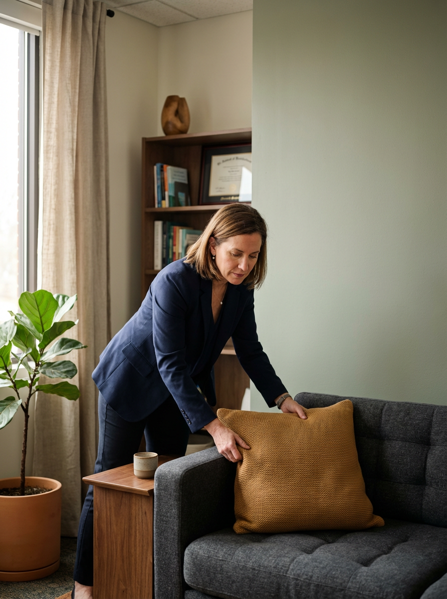 A woman in a navy blazer and black pants adjusting a mustard-colored pillow on a dark gray sofa in a well-lit room with a window, curtains, a potted plant, and a bookshelf in the background.